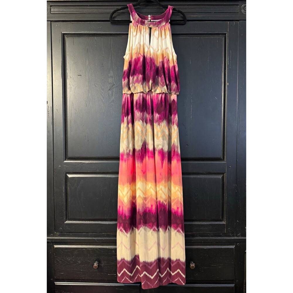 Metaphor Women's 16 Tie Dye Maxi Dress Purple Pink Ivory Scoop Neck Stretch